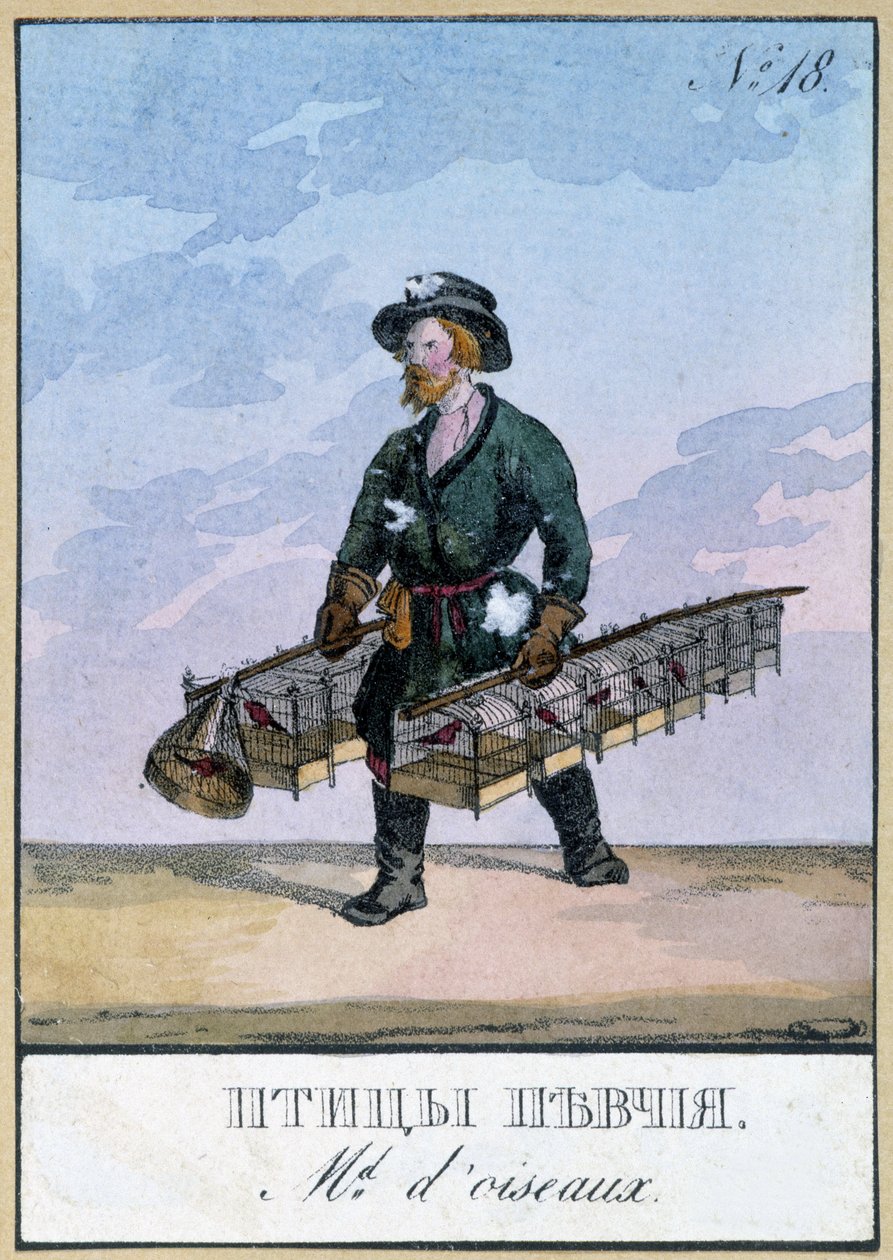 Mercador de aves viajantes - Gravura do século XIX de Unknown artist