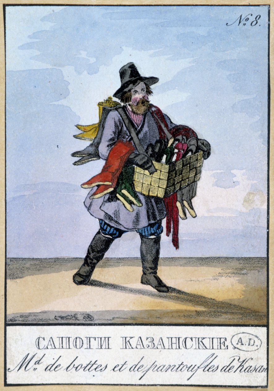 Mercador itinerante de botas e chinelos da Kasan - Gravura do século XIX de Unknown artist