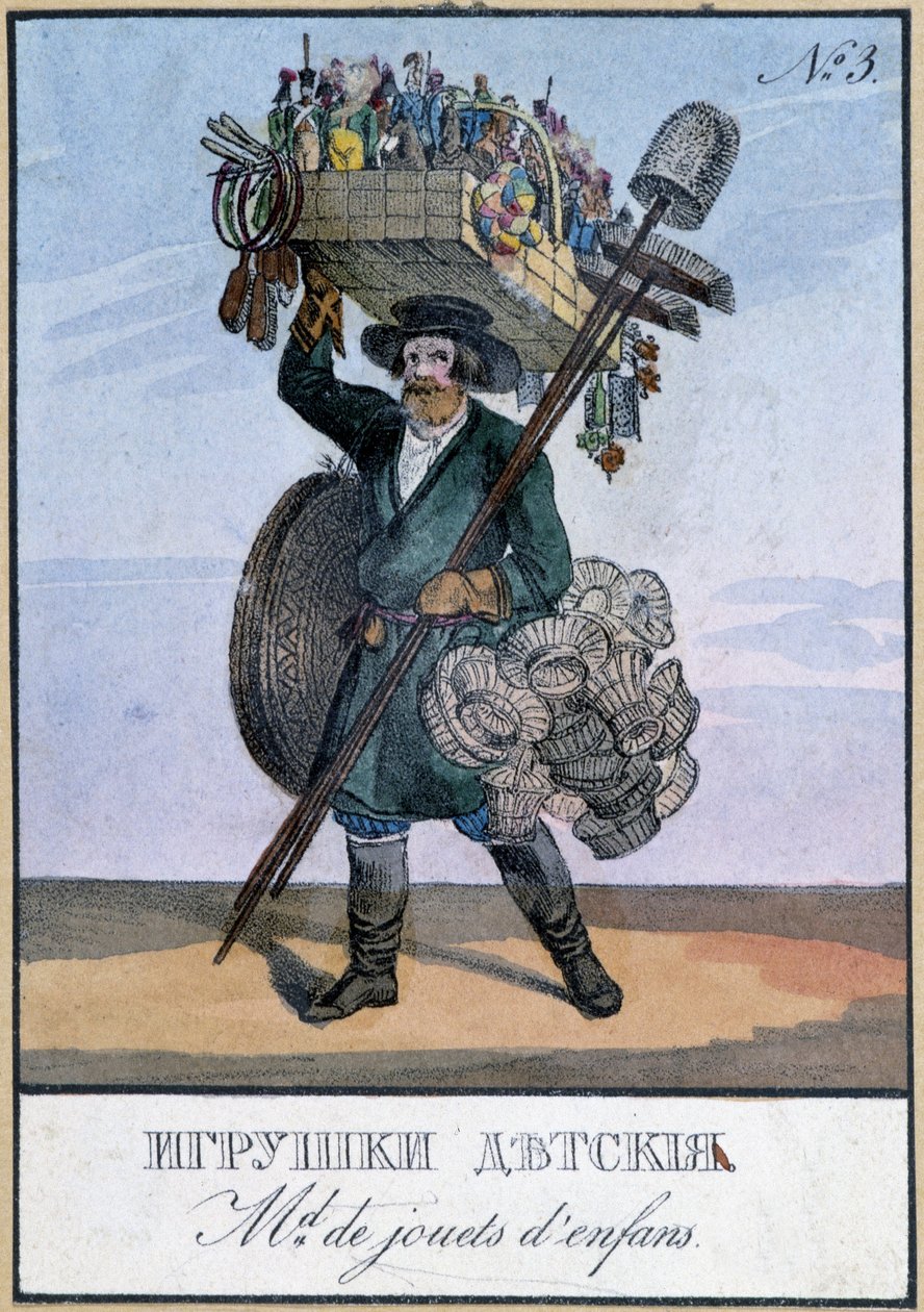 Comerciante itinerante de brinquedos infantis - Gravura do século XIX de Unknown artist