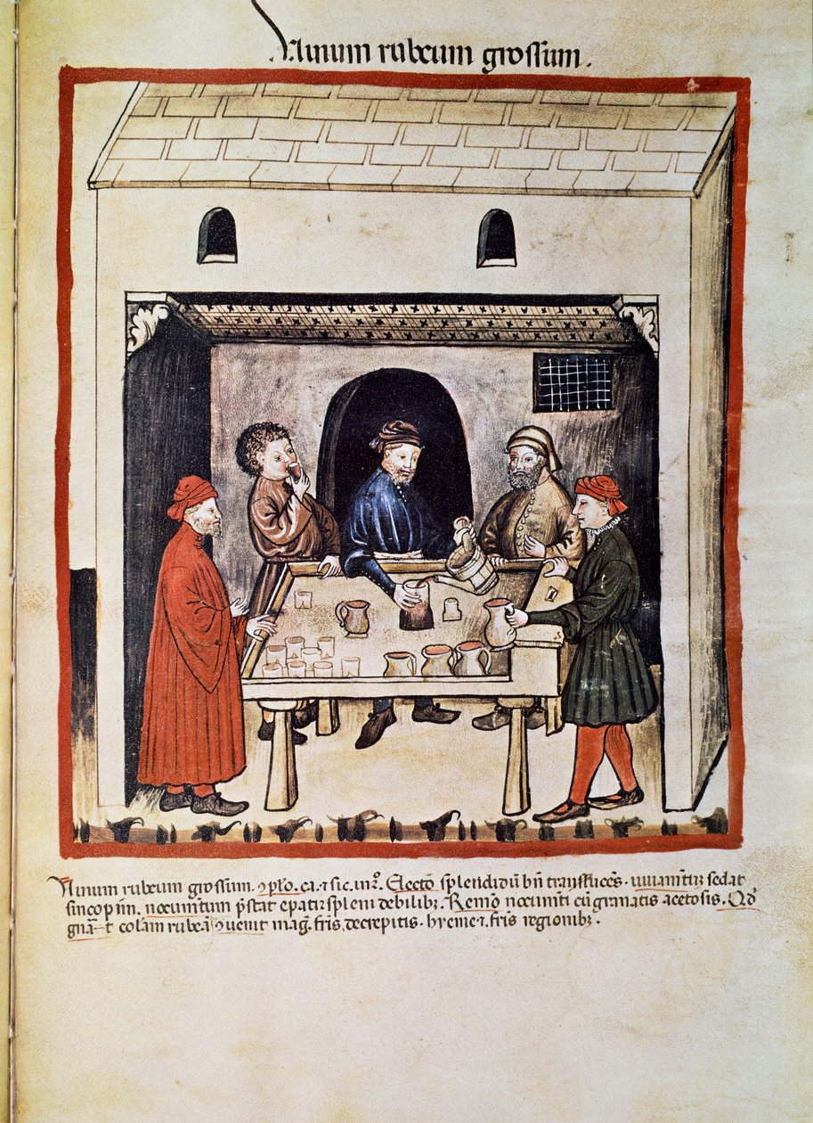 Trate um médico: "Red wine, group of men in a tavern drinking wine" Página retirada de "Tacuinum sanitatis" (Cod. ser. nov. 2644) Cerca de 1400 Vienna, Osterreischische Nationalbibliothek de Unknown artist