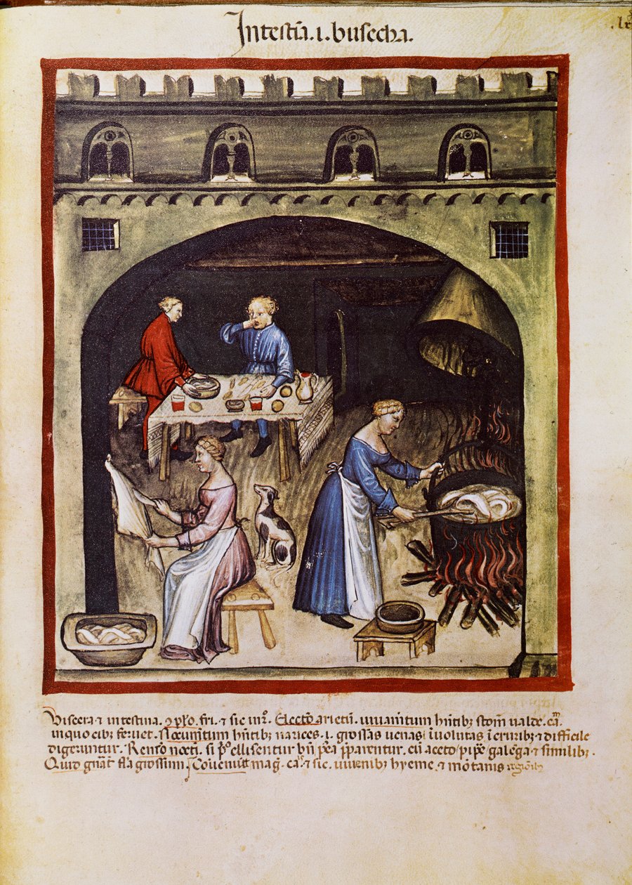 Tratar um medicamento: "cozinhar o intestino e as entranhas dos animais". Página retirada de "Tacuinum sanitatis" (Cod. ser. nov. 2644) Por volta de 1400 Viena, Osterreischische Nationalbibliothek de Unknown artist