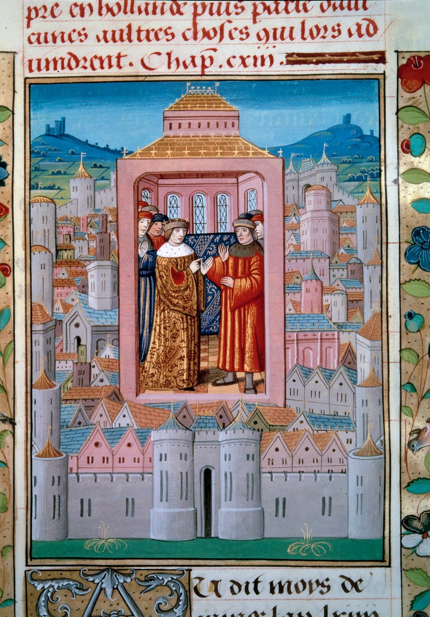 Tratado de Conflitos em 5/10/1465 entre o Rei Luís XI e Carlos de Charolais (mais tarde Carlos, o Temerário, pondo fim à revolta dos nobres ou Liga do Bem Público. Miniatura de "Les chronicles de Monstrelet" de Enguerrand de Monstrelet (1400-1453) 15º cen de Unknown artist