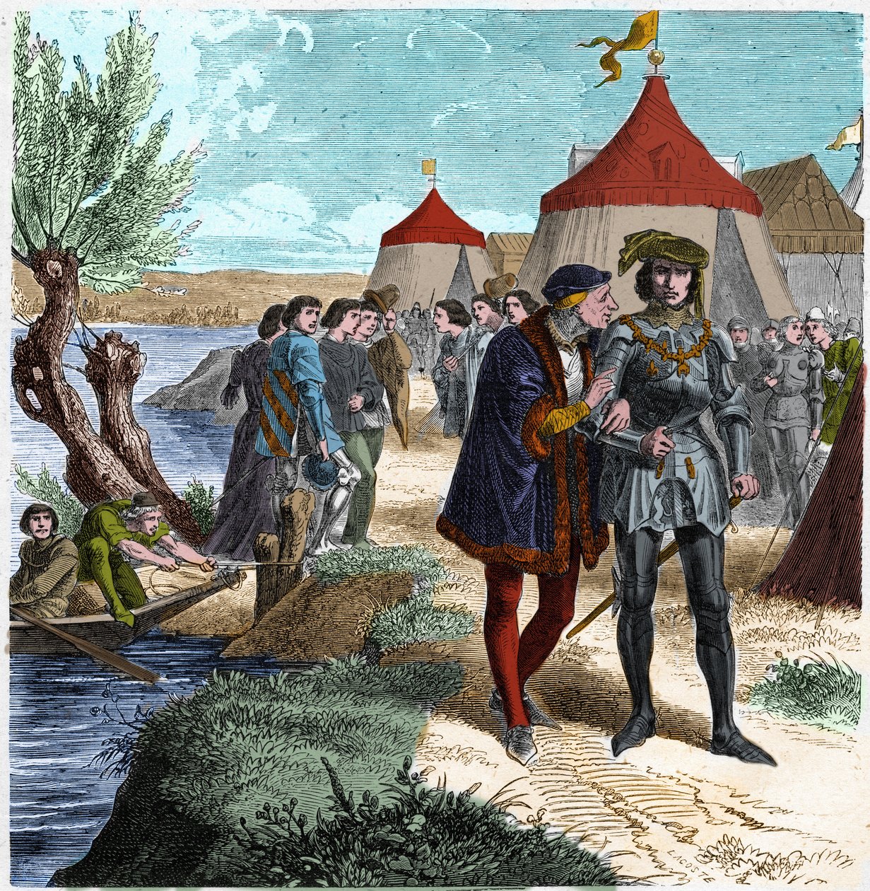 Tratado de Conflitos em 5/10/1465 entre o Rei da França Luís XI e Carlos de Charolais (mais tarde Carlos o Temerário) pondo fim à revolta dos nobres ou Liga do Bem Público. Gravura em "Histoire De France En Cent Paintings de Paul Lehugeur "1891. de Unknown artist