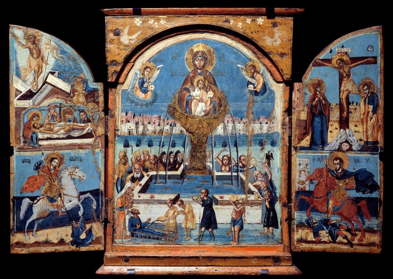 Tríptico da Virgem, fonte de vida Painel central: a Virgem atravessa uma fonte milagrosa de água. À esquerda, a ressurreição e o depoimento. Abaixo de um cavaleiro (São Jorge), derrubando um dragão. À direita, a crucificação e um trocadilho de cavaleiro. de Unknown artist