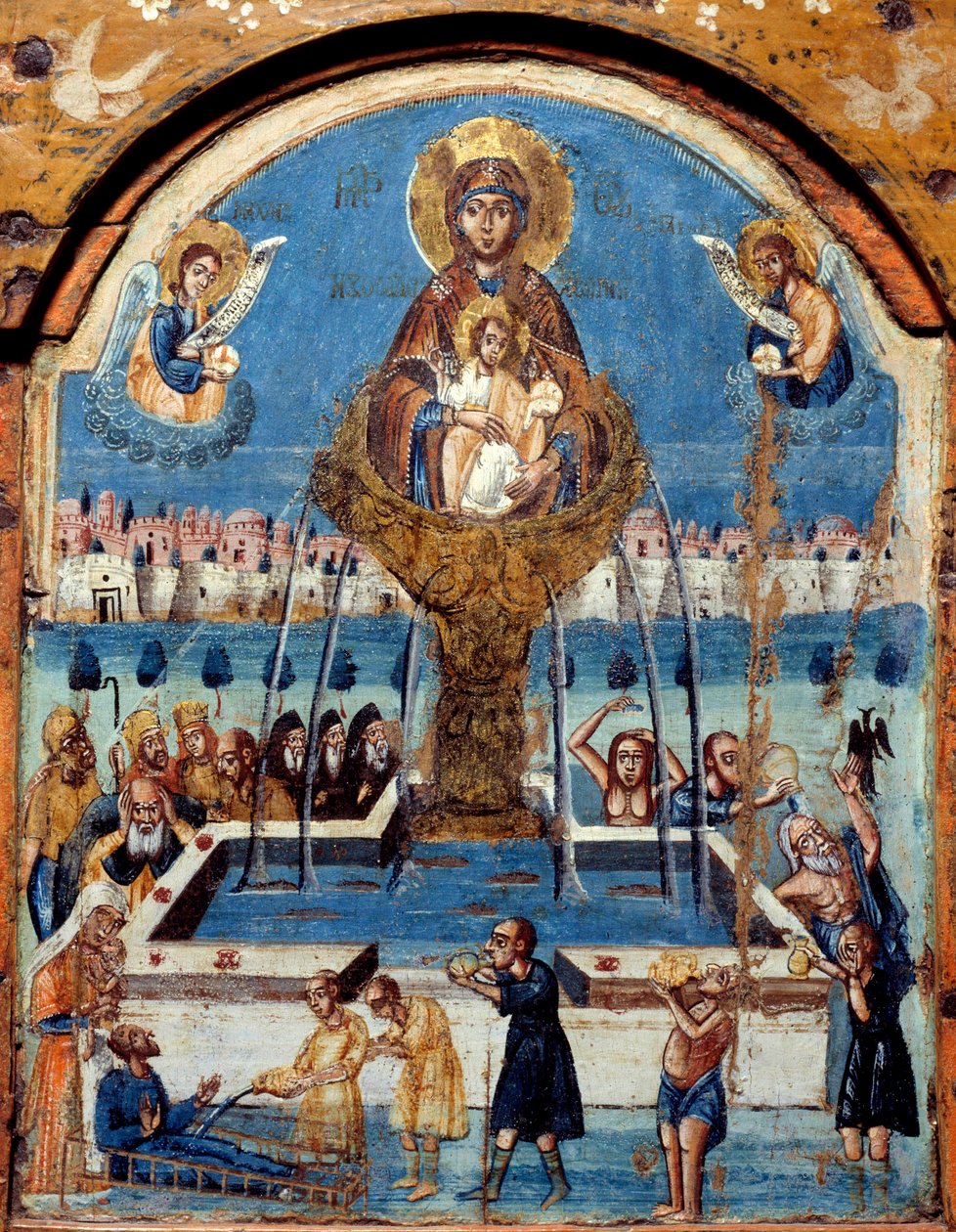 Tríptico da Virgem, fonte de vida A Virgem corta acima de uma fonte milagrosa de água. Paneu central, pintura sobre madeira do Oriente Médio. Século 19 Rouen musee des Beaux Arts de Unknown artist