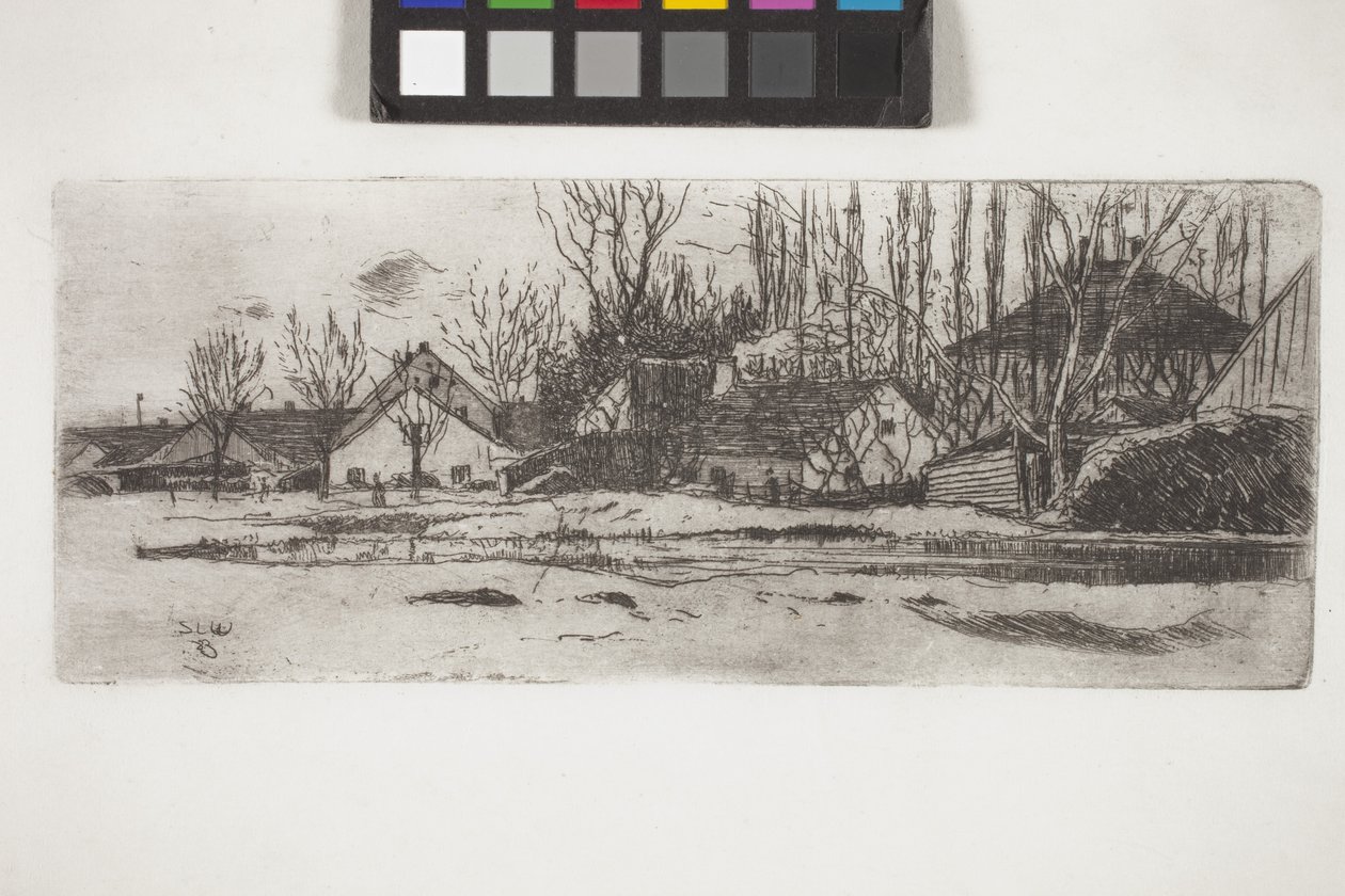 Tümpel Vor Dem Dorf Mit Pappelallee (Piscina em frente de uma aldeia com um só de choupos) (gravura) de Unknown artist