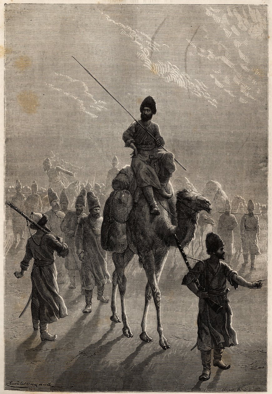 Prisioneiros turcos levados para Teerão com o propósito de trocar seu rancor ou troca contra outros prisioneiros. Gravura para ilustrar a história de Henri de Blocqueville "14 mois de captivite chez les turcomans" entre 1860 e 1861, em "Le tour du mo de Unknown artist