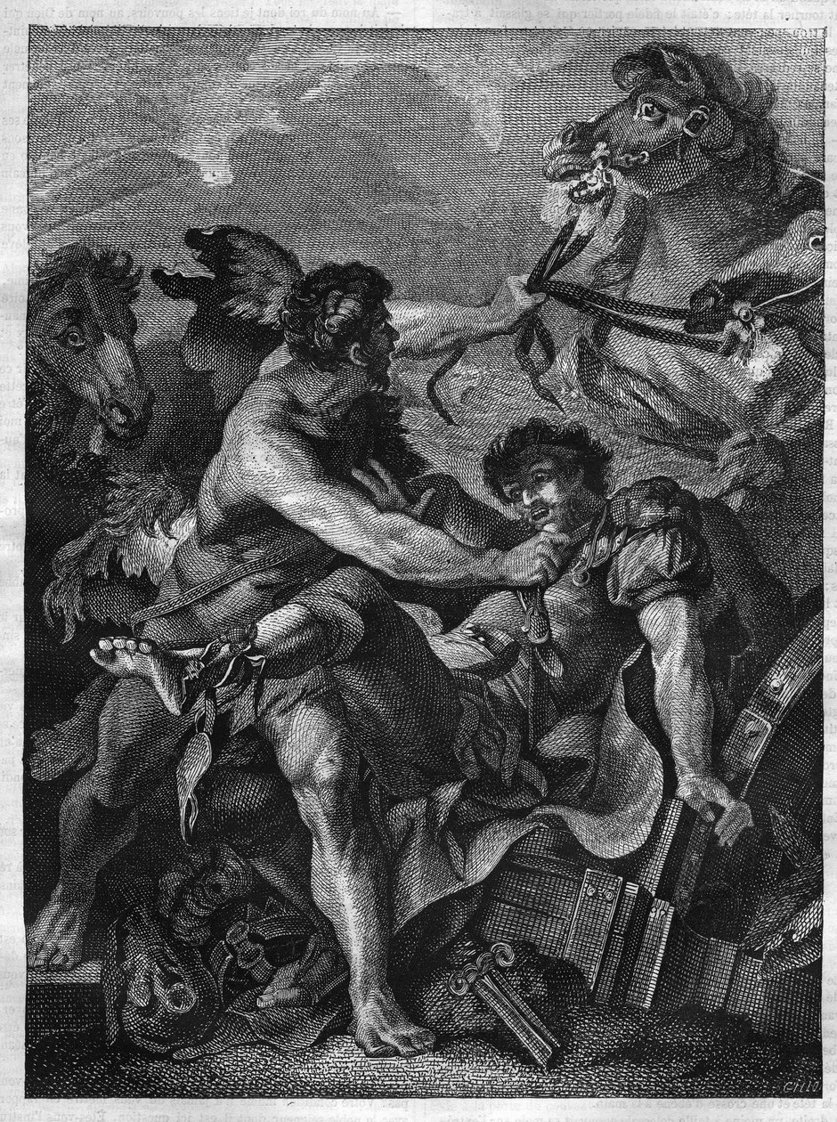 Doze obras de Hércules: Diomede mata por Hércules e come pelos seus próprios cavalos. Gravura após a pintura de Jean-Baptiste-Marie (Jean Baptiste Marie) Peter. (1714-1789) de Unknown artist