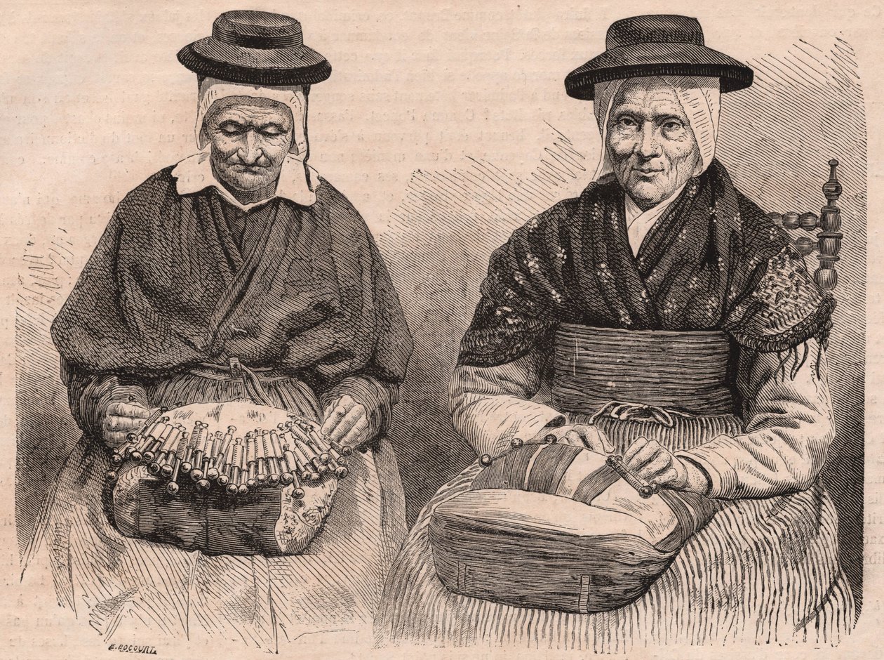 Dois fabricantes de rendas de bilro em Puy-en-Velay (Haute-Loire) Auvergne, França de Unknown
