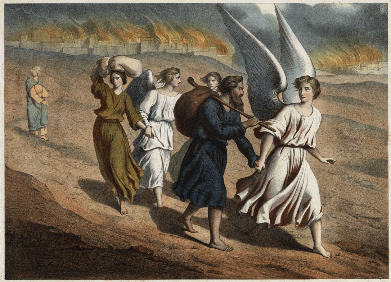Dois anjos guiam Loth e suas filhas que devem deixar a cidade de Sodoma, que, como a de Gomorra, é destruída por Deus. A esposa de Loth que regressa à cidade apesar da proibição será petrificada como uma estátua de sal. Gravura anónima a partir do meio do de Unknown artist