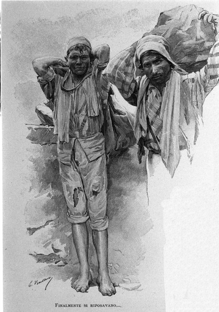 Dois "carusi", aprendizes menores de idade. Na Sicília. Gravura do século XIX. de Unknown artist