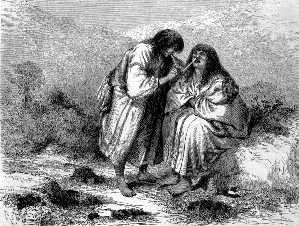 Dois índios do Peru a tomar tabaco. Gravura do século XIX. de Unknown artist