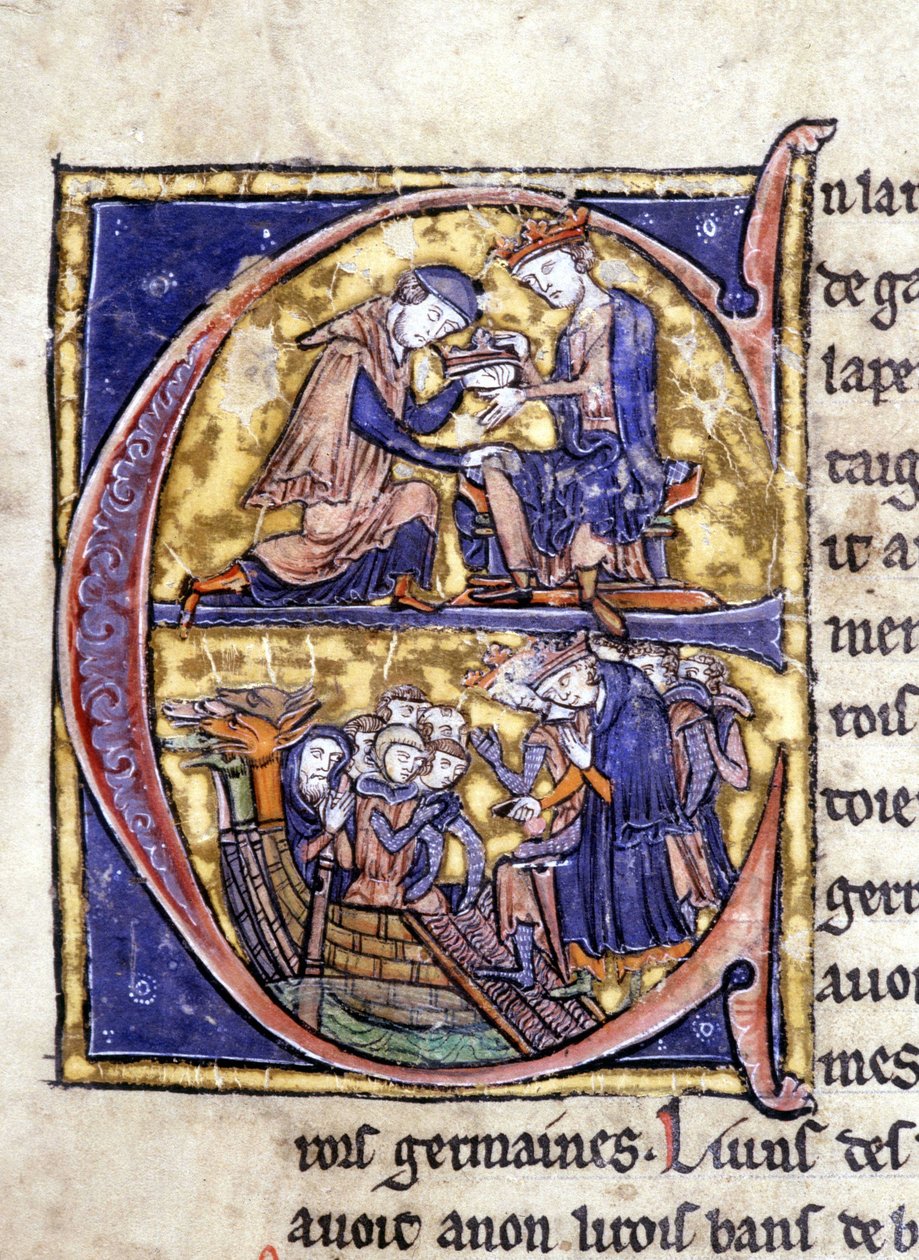 Dois reis da Bretanha: Bans de Berroye (pai de Lancelot) e Boorz de Gaune. Manuscrito: Conquista do Santo Graal, escrito 717 anos após a paixão do nosso senhor. Bibliotheque municipale de Rennes, ms. 255 (Coleção de romances da Távola Redonda); P de Unknown artist