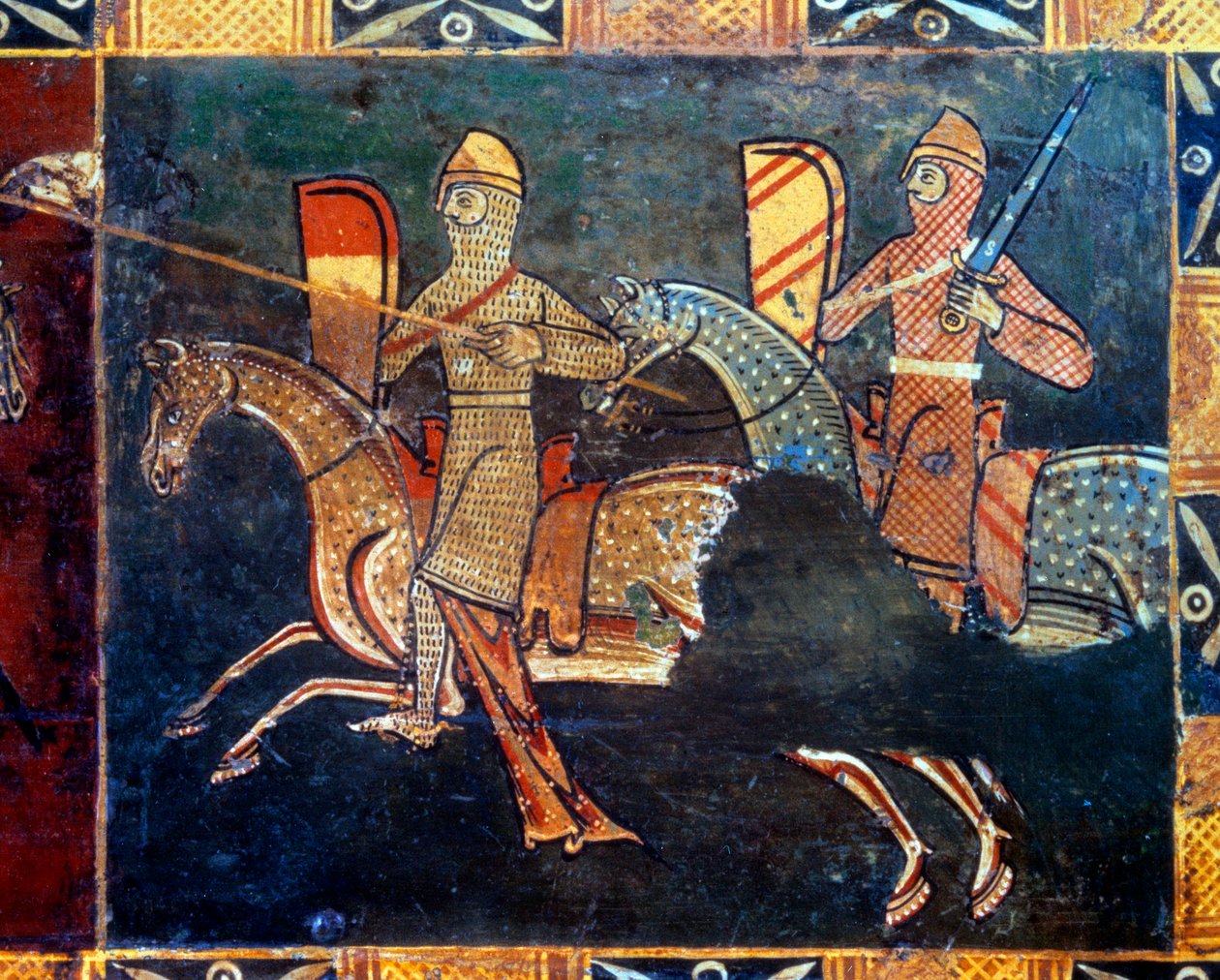 Dois cavaleiros na lateral da malha indo para a batalha Detalhe da decoração de uma caixa de casamento retratando cenas da vida marinha. Século XIV ou XV. Vannes, museu de Vannes de Unknown artist
