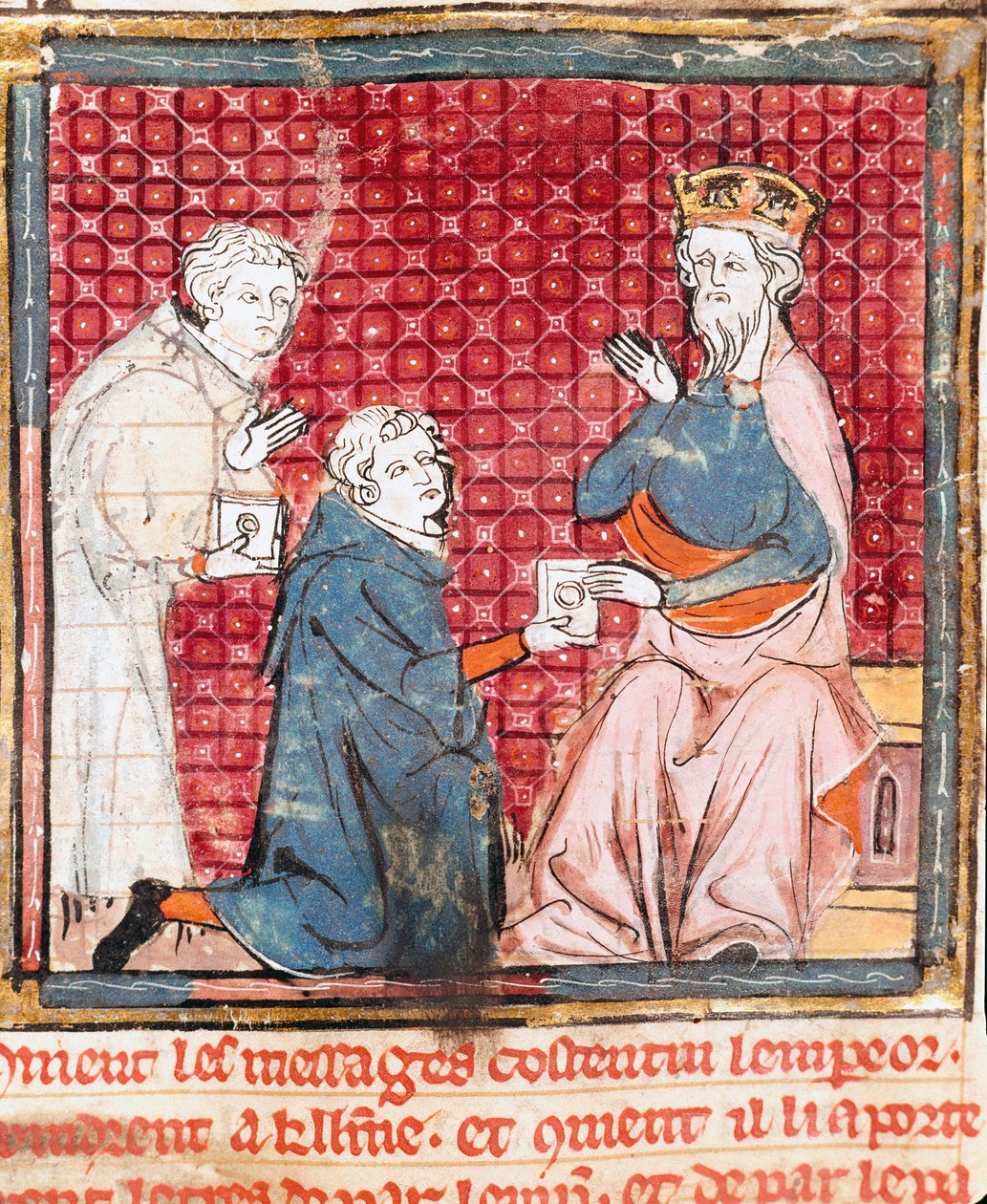 Dois mensageiros anunciam em Carlos Magno (742-814) a vitória sobre os Sarracenos Miniatura de "Grandes Crônicas da França" 1375-1379 Biblioteca Municipal, Castres de Unknown artist