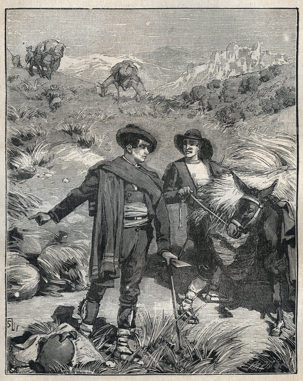 Dois camponeses da Serra Almagrera em Espanha descobriram o jazigo de prata do Jaroso em 1838. Gravura de 1885 em "Les arts et metiers illustres" de Adolphe BITARD. de Unknown artist