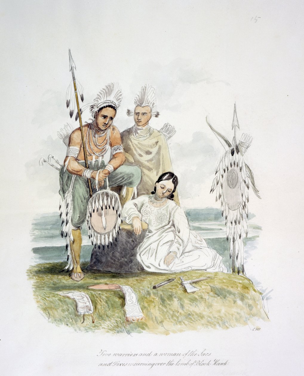 Dois guerreiros e uma mulher dos Sacs e Foxes de luto sobre o túmulo de Black Hawk, c.1843-50 (aguarela) de Unknown artist