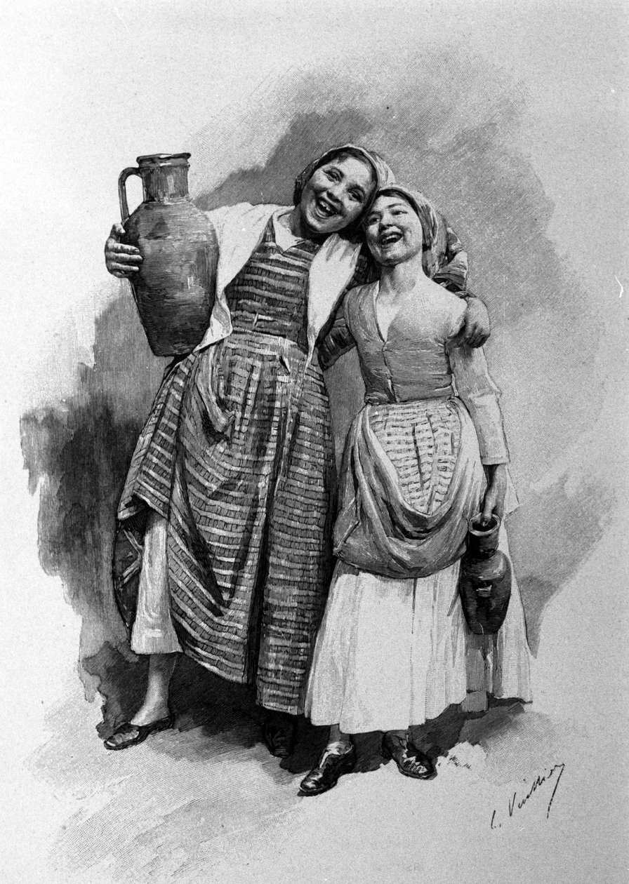 Duas jovens mulheres do povo, que habitam Palermo. Gravura Siciliana do século XIX de Unknown artist