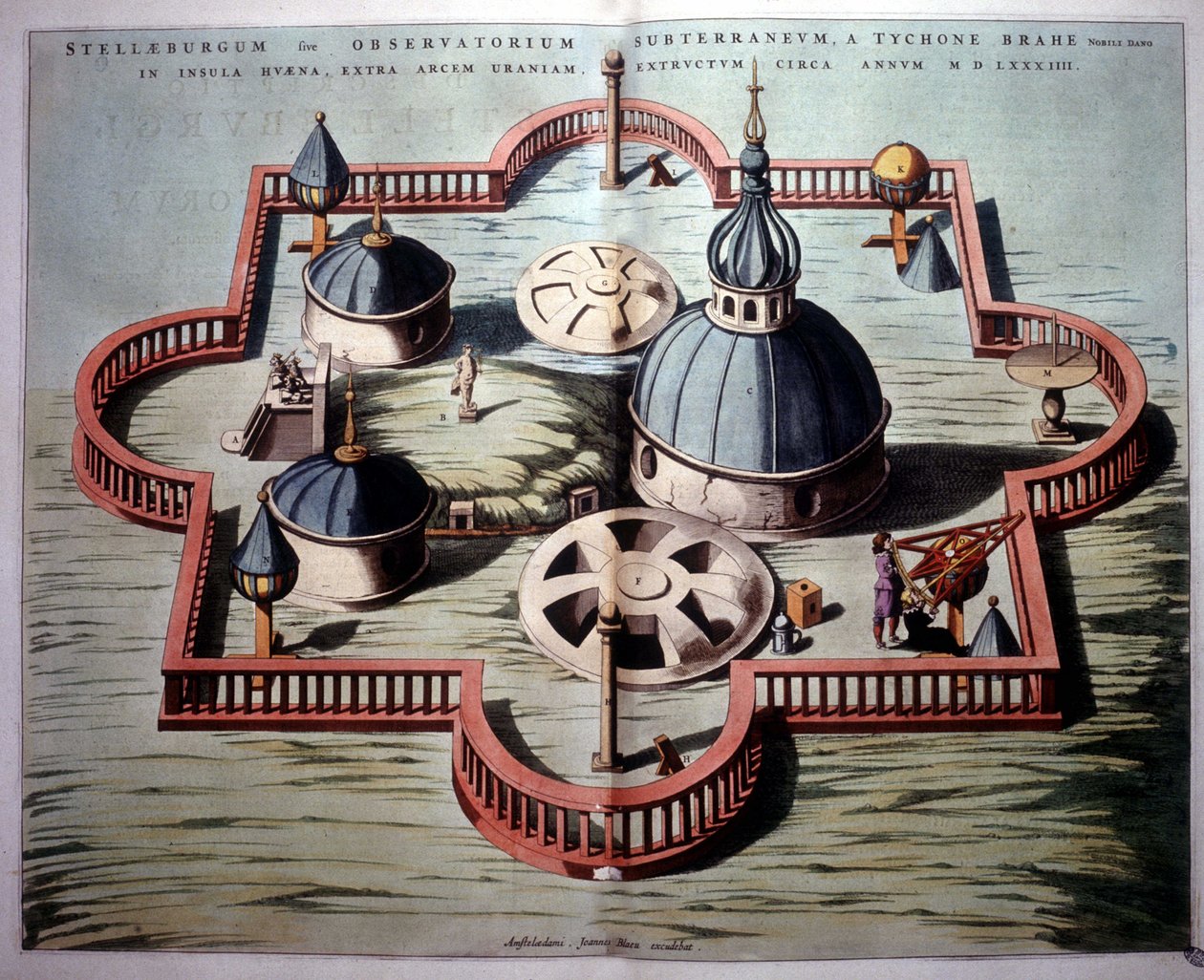 Observatório "Sternburg" de Tycho Brahe na ilha dinamarquesa Hven in the Sund (1584) - baseado em uma gravura de cobre da época. "Atlas Novus". de Unknown artist