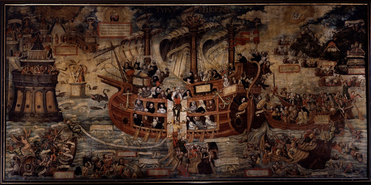 Typus religionis Uma alegoria das ordens religiosas, a nave da Fé é governada por ordens religiosas, encabeçadas por jesuítas. Os fundadores das várias ordens estão representados: Santo Inácio de Loyola, fundador da Companhia de Jesus, São François de Assi de Unknown artist