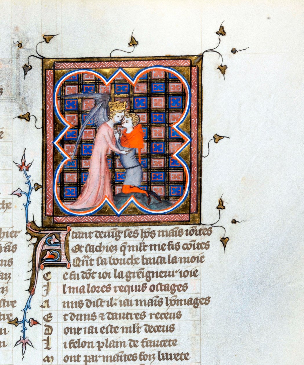 "Um anjo coroado que abraça um homem" Página iluminada do manuscrito "Le Roman de la Rose" de Guillaume de Lorris (ca. 1200-1238) e Jean de Meun (Meung) (1240-1305) ca. 1353 Suíça Biblioteca Geneve de Unknown artist