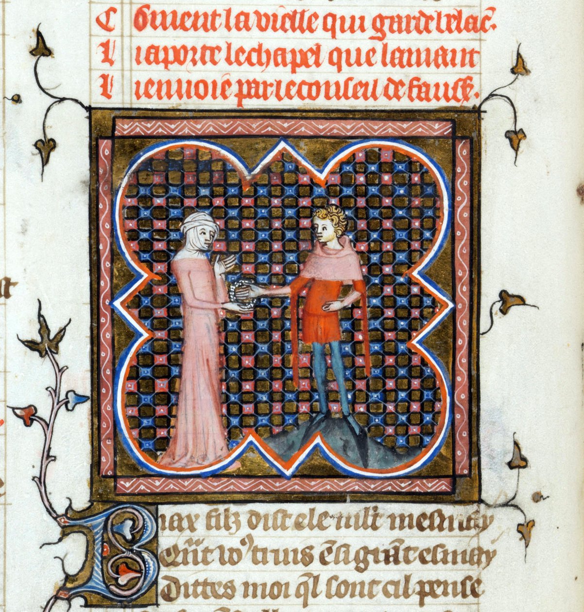 "Um Jovem e uma Mulher Velha" Página iluminada do manuscrito "Le Roman de la Rose" de Guillaume de Lorris (ca. 1200-1238) e Jean de Meun (Meung) (1240-1305) ca. 1353 Suíça Biblioteca Geneve de Unknown artist