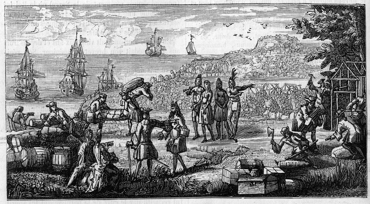 Desbloqueio dos abastecimentos nas colónias francesas da América. O desenho de uma caneta coloca a cabeça de um memorial de Vauban em "As colônias" no manuscrito de seu "Oisivetes" preservado no Depósito das Fortificações. Gravura em "La Nature: Revue des  de Unknown artist