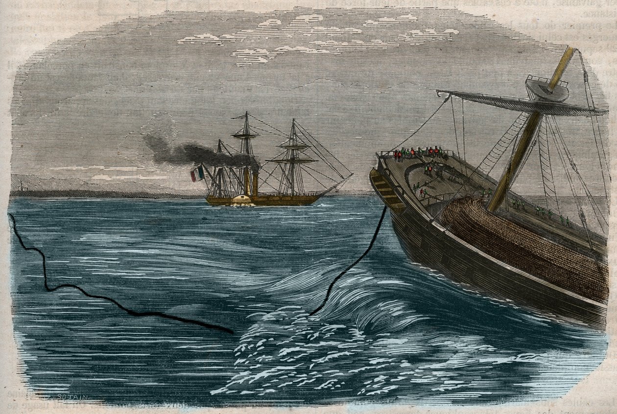 Linhas telegráficas subaquáticas: A colocação de um cabo submarino (submarino) Gravação de 1857. de Unknown artist