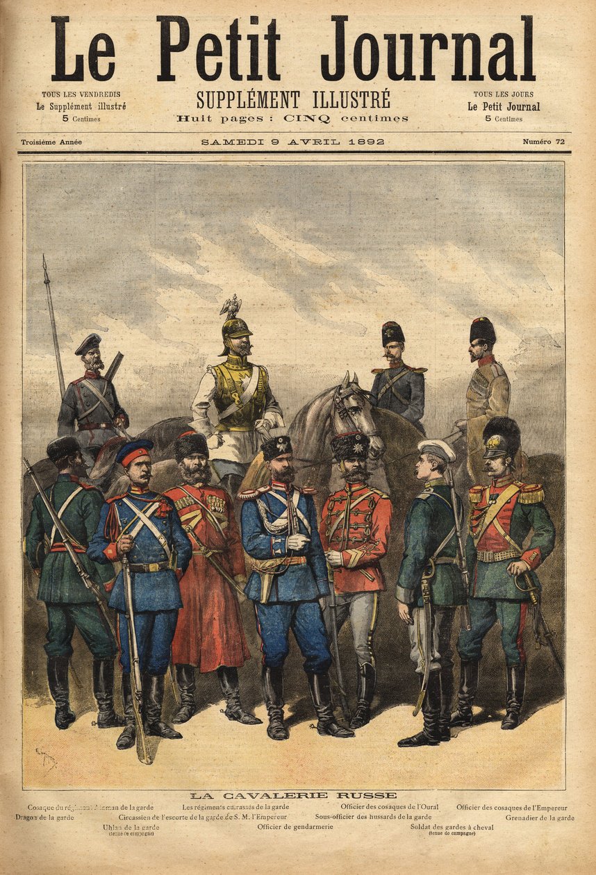 Uniformes da cavalaria russa, aliada da França, a cavalo da esquerda para a direita: Cossaco do Regimento da Guarda, o Regimento de Batalha da Guarda, oficial dos Cossacos dos Urais e oficial dos Cossacos do Imperador. Em primeiro plano, em pé, de pé. de Unknown artist