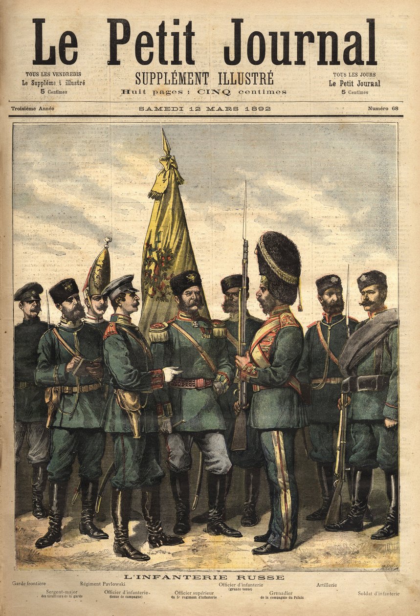 Uniformes da infantaria russa, aliados à França, da esquerda para a direita: a guarda de fronteira, o sargento-mor dos guardas, o regimento Pavlowski, o oficial, o oficial superior, o granadeiro do palácio, o uniforme de artilharia e o soldado. Gravação i de Unknown artist