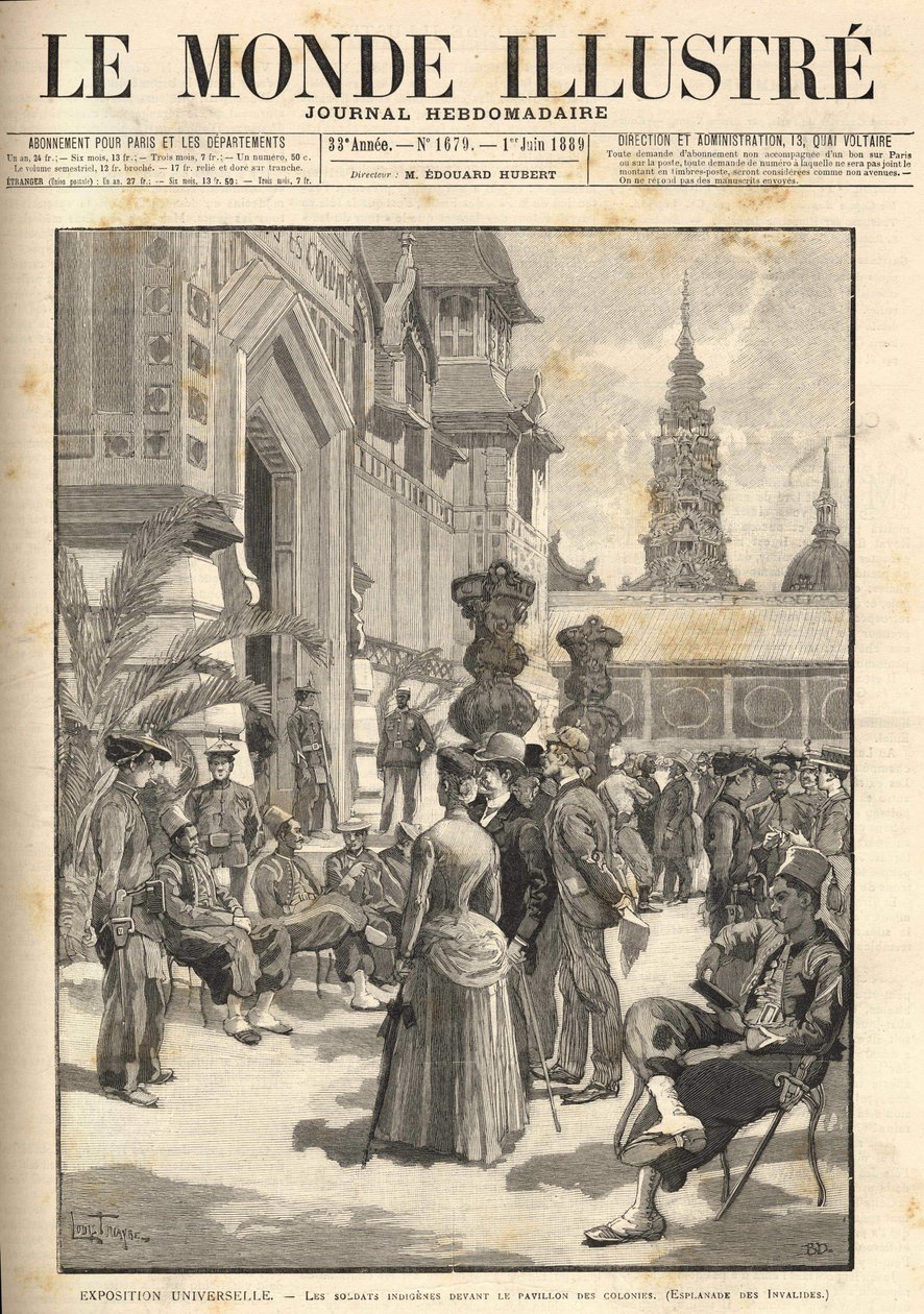 Exposição Universal de 1889 - Soldados indígenas em frente ao Pavilhão Colonial (Esplanada dos Inválidos). Capa "Le Monde Illustré" de 01/06/1889. de Unknown artist