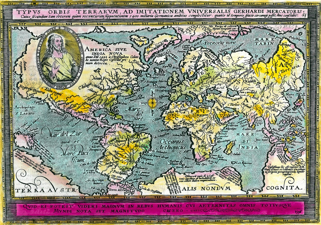 Mapa Geográfico Universal (Mapa Mundial) de 1596. Gravura. Coleção privada. de Unknown artist