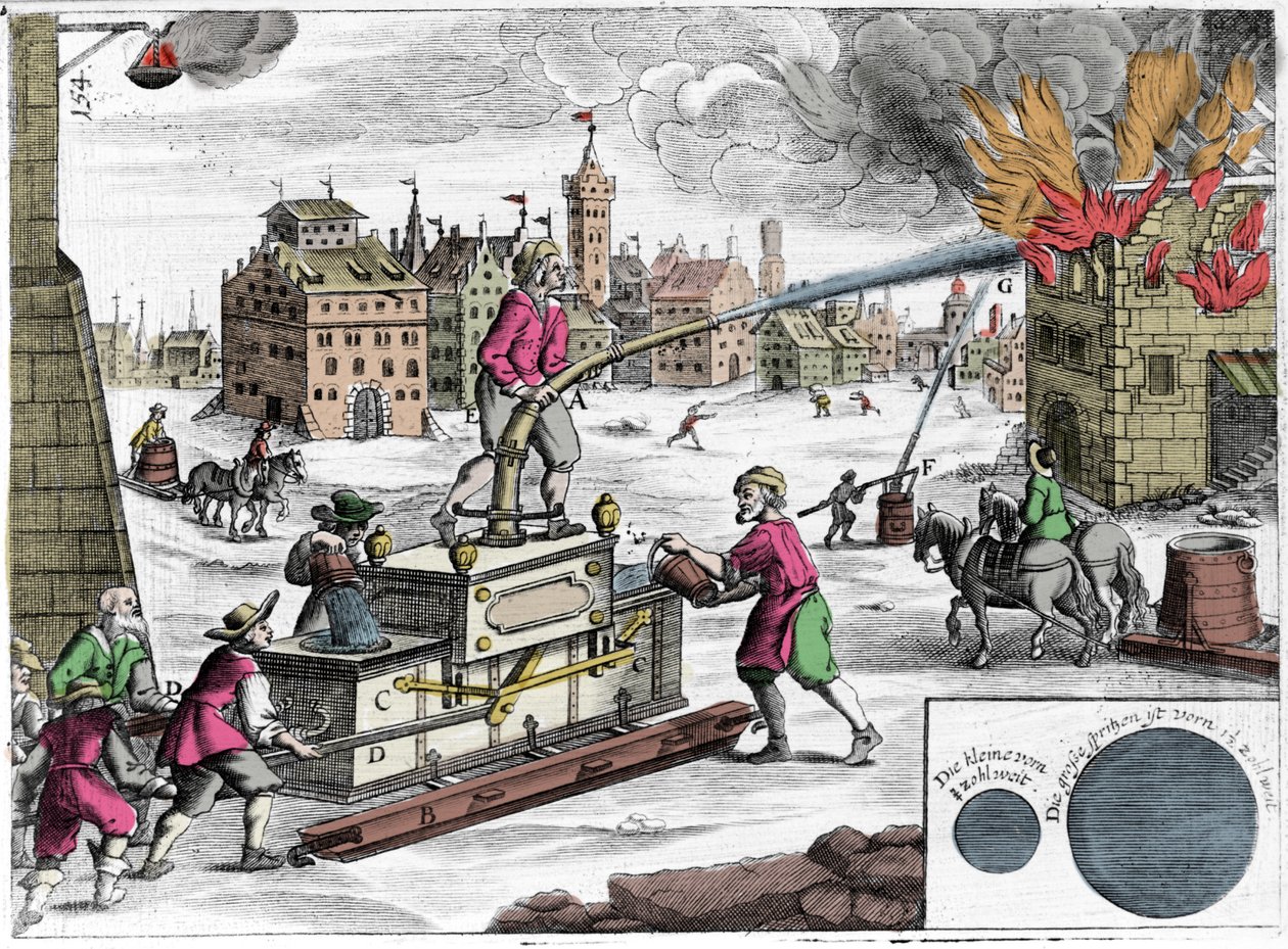 Uso de uma bomba de incêndio por um corpo de bombeiros. Gravura do "Theatrum Machinarum novum" de Georg Andreas Bockler (1644-1698) de Unknown artist