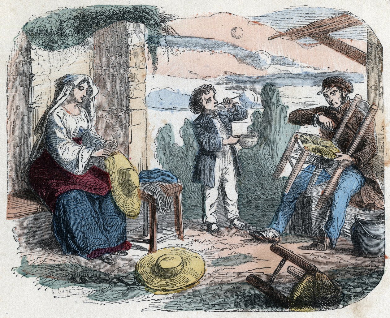 Uso da palha no século XIX: um homem guarnece uma cadeira com palha, uma mulher faz tranças (cestaria), uma criança faz bolhas de sabão com uma palhinha. Gravura no final do século XIX. de Unknown artist