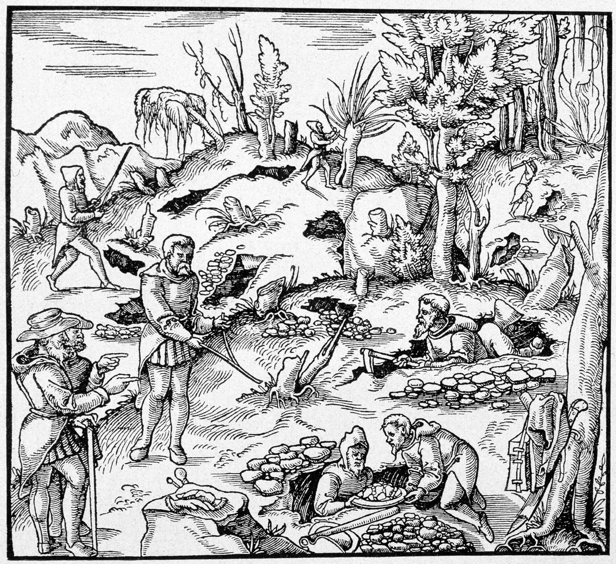 Uso do balde mágico para procurar os tesouros da terra - em "O Livro das Minas" de Agricola de Unknown artist