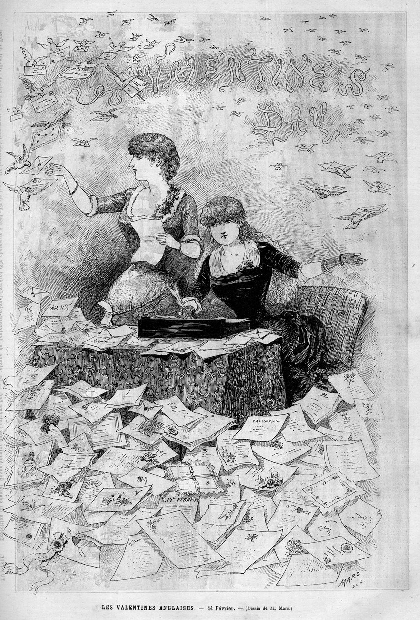 Dia dos Namorados (Dia dos Namorados) 14 de Fevereiro: os namorados ingleses escrevem e recebem cartas de amor dos seus namorados. Gravação em "Le Monde illustrious" 1883. Coleção privada. de Unknown artist