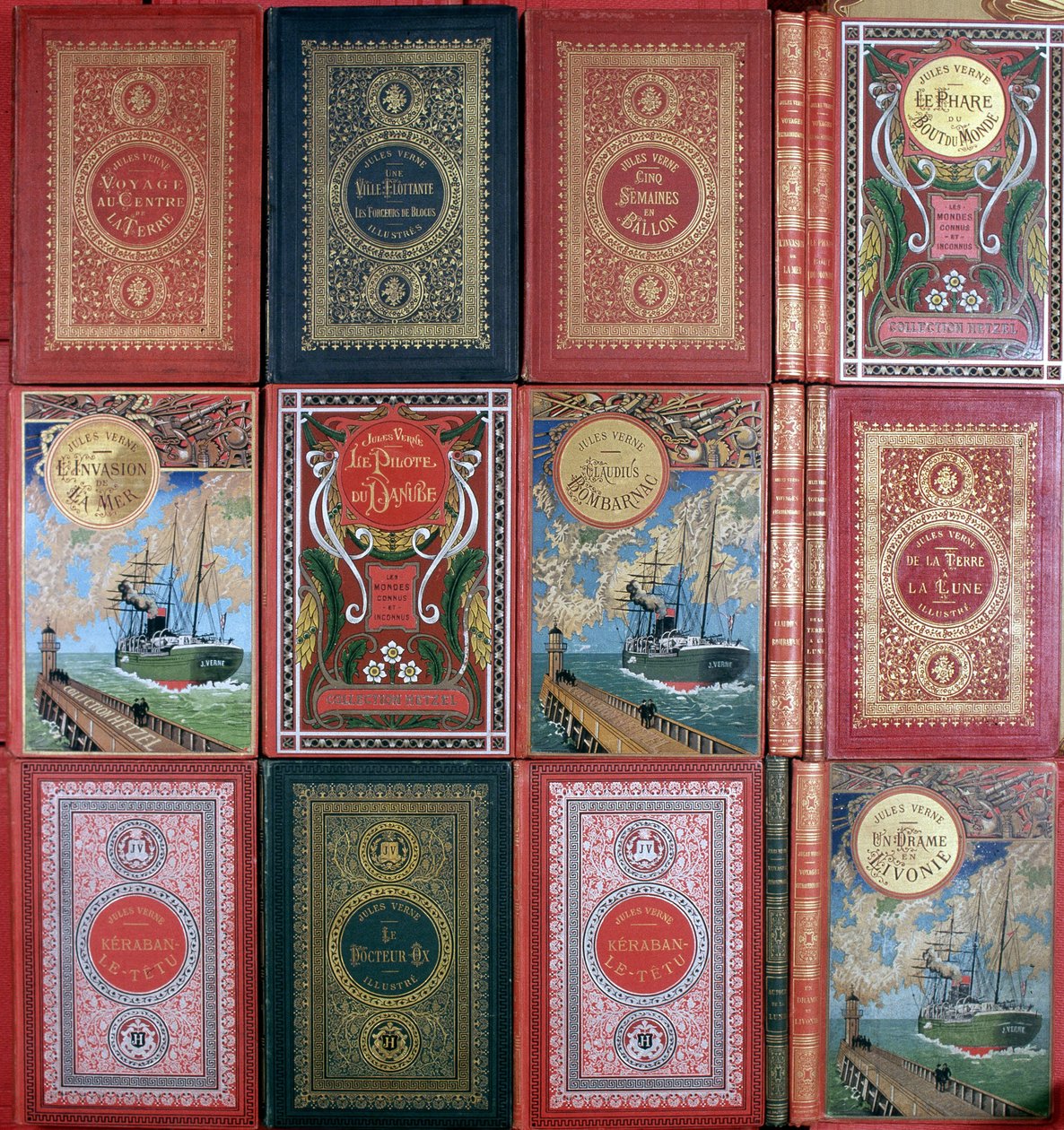 Várias capas de livros de Jules Verne publicados nas edições de Hetzel. Coleção da biblioteca da Jules Verne. Paris. de Unknown artist