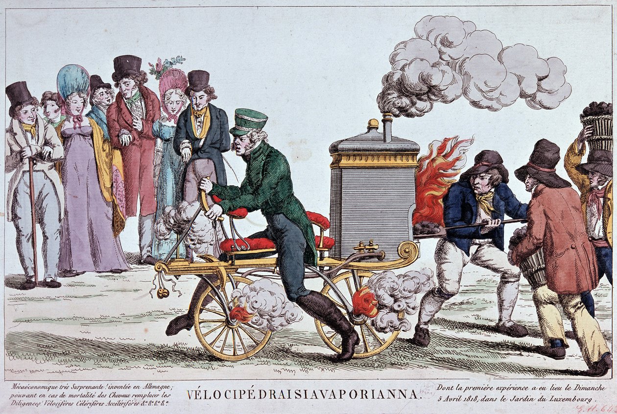 Velocipedraisiavaporianna: velocipede a vapor - gravura por volta de 1818, Bibl. da cidade de Paris. de Unknown artist