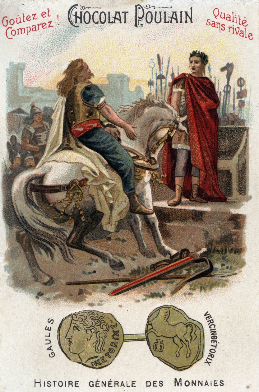 Vercingetorix (72-46 AC), líder da rebelião Gálica, depõe armas aos pés de César (100-44 AC), depois de perder definitivamente a cidade de Alesia - Na História Geral das Moedas - Cromolitografia Chocolate-Foal do final do século XIX - Col de Unknown artist