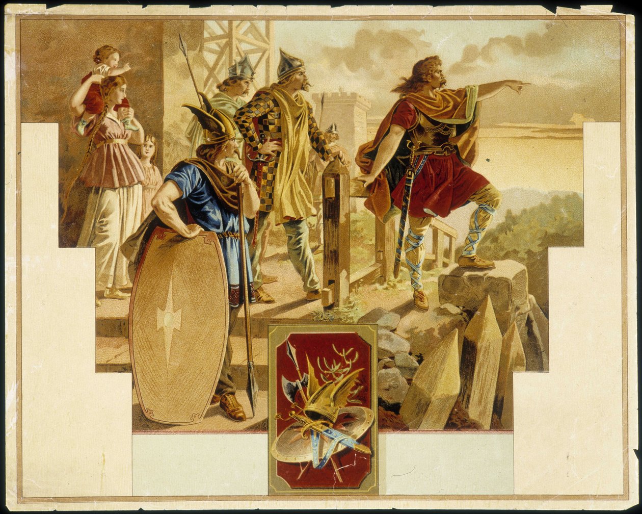 Vercingétorix rodeado de gauleses, guerreiros, mulheres e crianças - Cromolitografia de Unknown artist