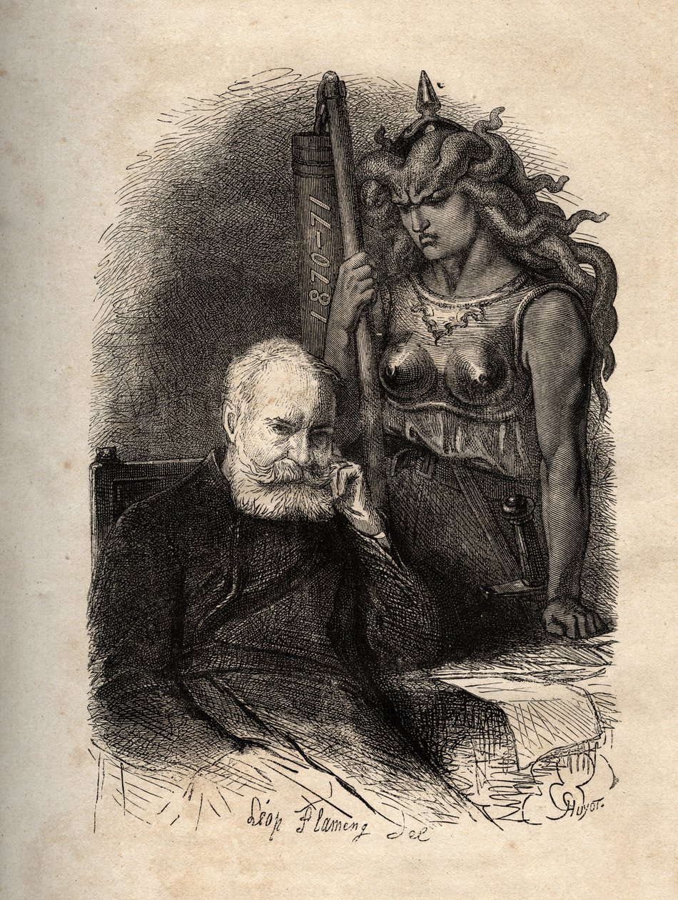 Victor Hugo sentado com uma deusa da guerra - gravura de "O Ano Terrível" ("The Terrible Year"), uma série de poemas que tratam do cerco e do trauma de perder o seu tão - Victor Hugo, haante par la deusa da guerrilha gravando em "L