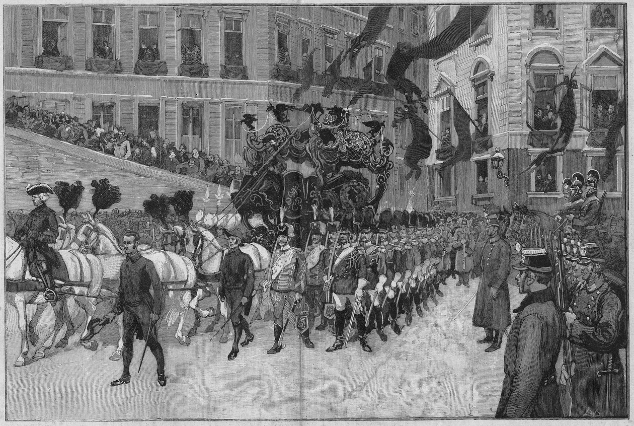 Viena 1889: O funeral do Príncipe Rodolfo (Arquiduque Rodolfo de Habsburgo (1858 - 1889), Príncipe Herdeiro da Áustria). A procissão em frente à embaixada da França. de Unknown artist