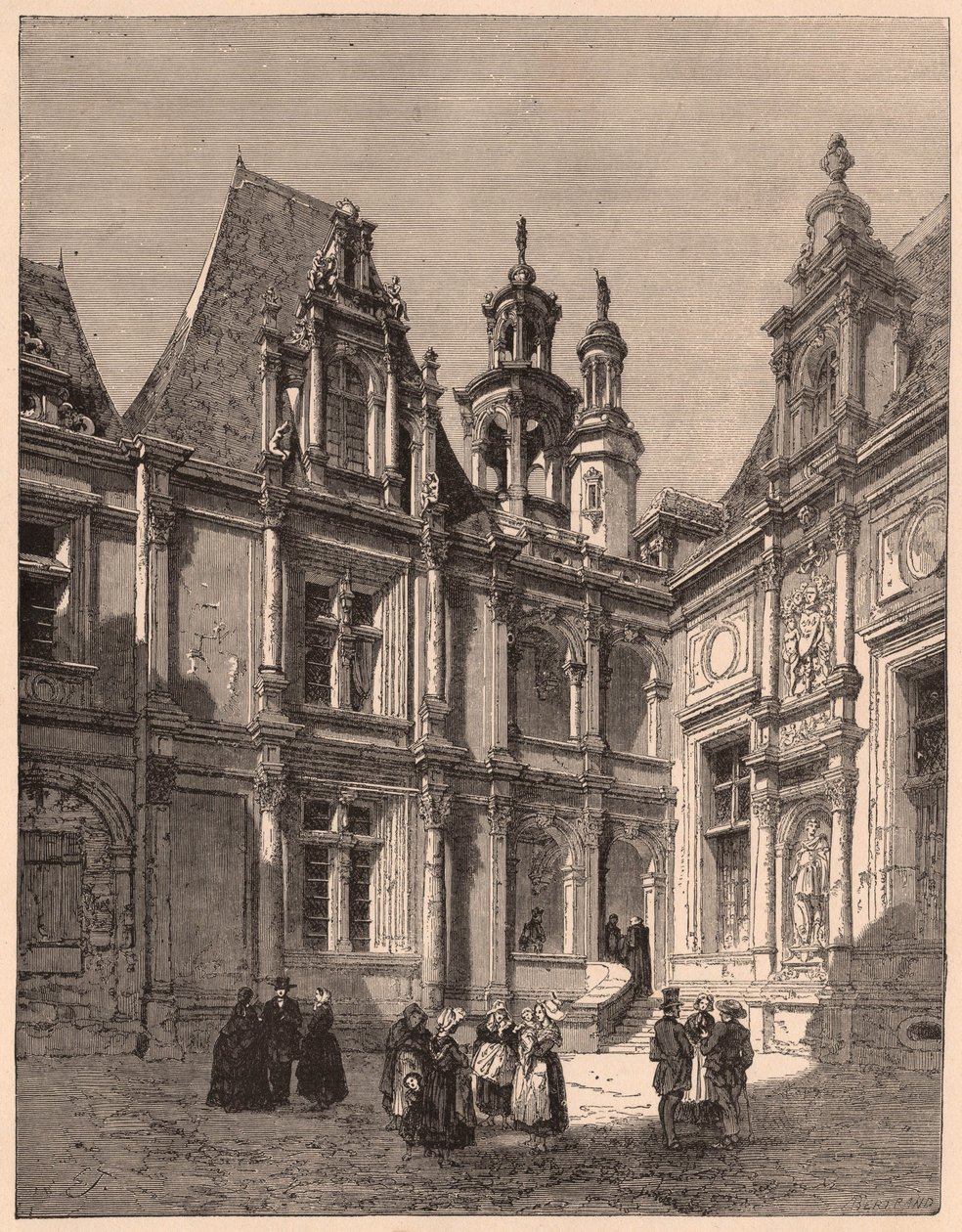Vista do interior do pátio do Hotel Escoville em Caen em 1860, França de Unknown