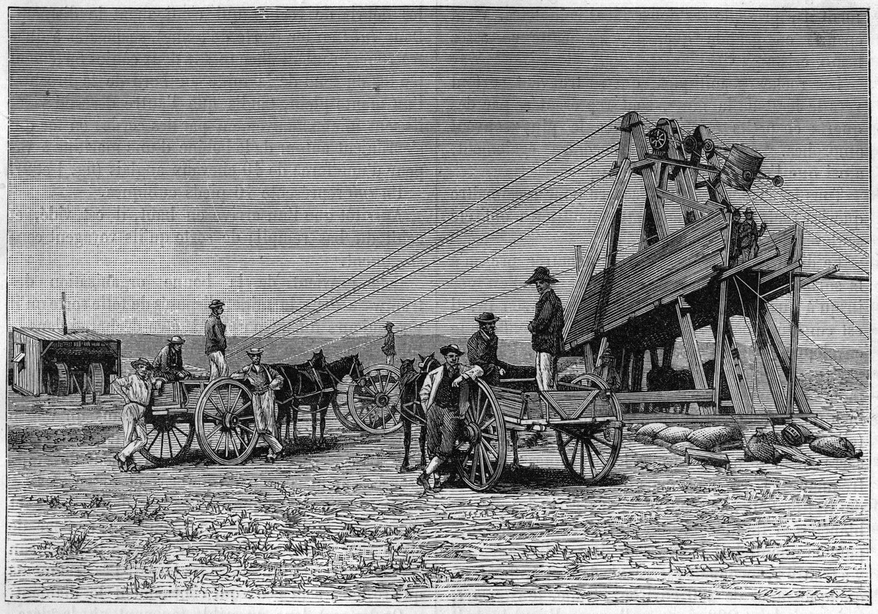 Vista da superfície da Mina de Diamantes Kimberley na África do Sul. Gravura a partir de 1883. de Unknown artist