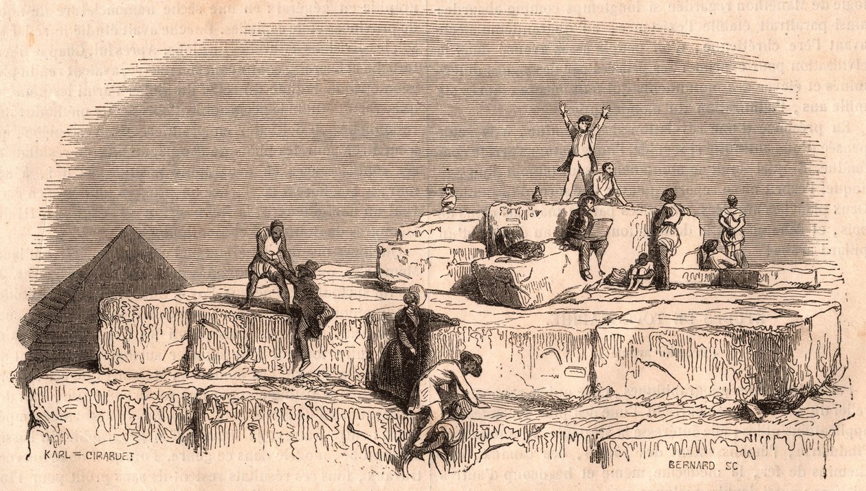 Vista do topo da Grande Pirâmide de Khufu: um grupo de europeus que chegam ao cume ajudado por egípcios de Unknown