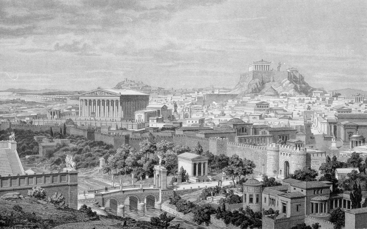 Vista de Atenas, do Templo de Adriano e da Acrópole. de Unknown artist