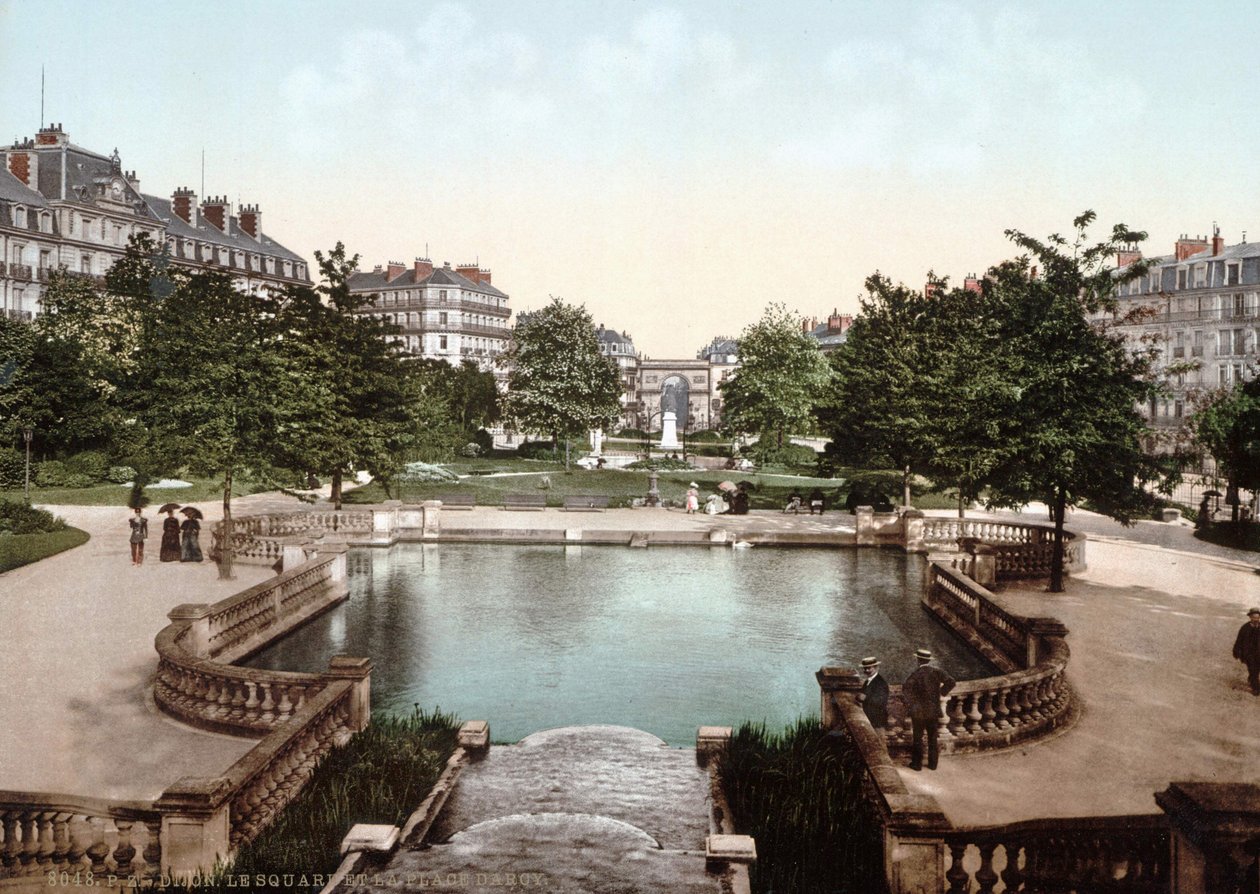 Vista de Dijon: praça e praça Darcy. Fotocrómio v. 1890. de Unknown artist