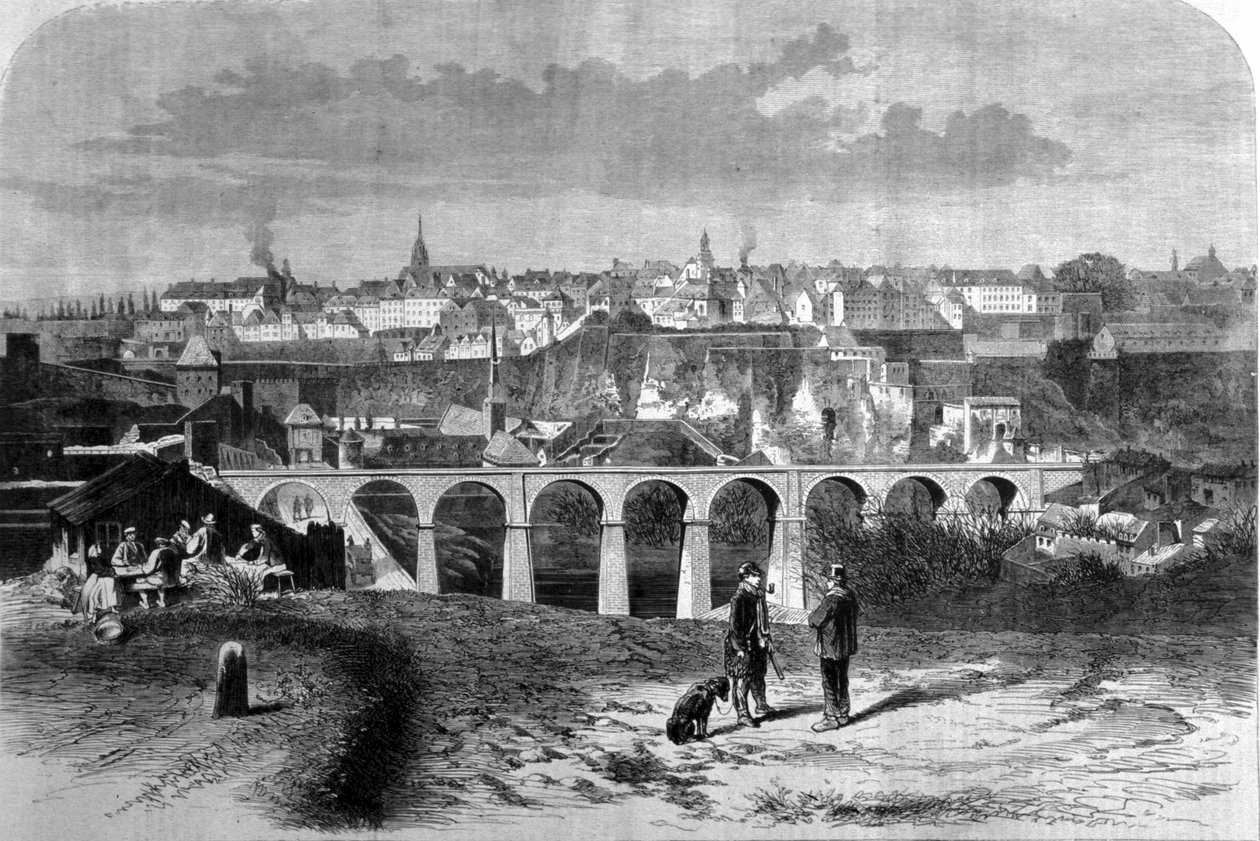 Vista da cidade de Luxemburgo. Gravura do século XIX. de Unknown artist