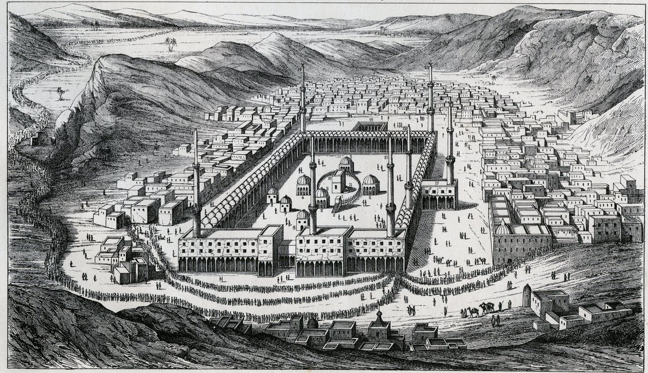 Vista de Meca e da sua grande mesquita na época da visita dos peregrinos - gravura do século XIX de Unknown artist