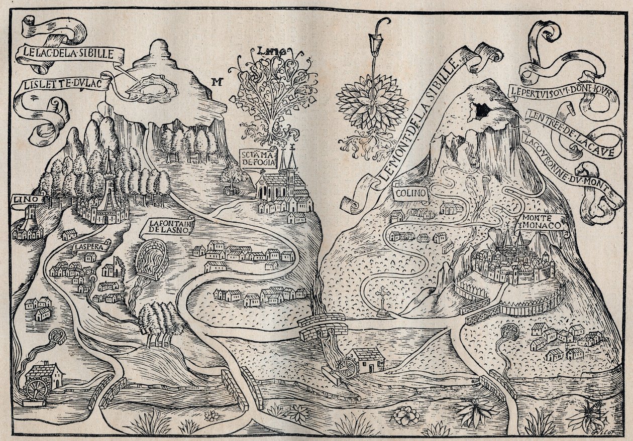 Vista do Monte Sibille (Paraíso da Rainha Sybille) (Mapa duplo do Monte Pilate e do Monte Sibyl) - Antoine de La Sale (La Salle) escritor satírico francês do século XV. de Unknown artist